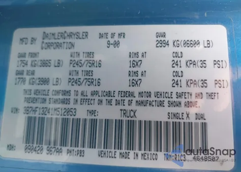 2001 Dodge Ram 1500 St from USA, damaged, VIN 3B7HF13Z41M512053